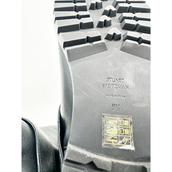 Stuart Weitzman Black Leather City Gold Buckle Heeled Ankle Booties Size 6.5 - Picture 4 of 6